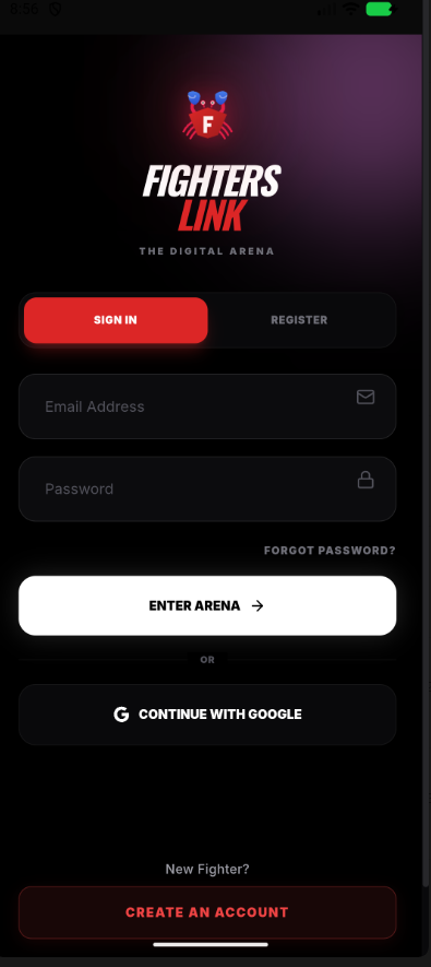 FightersLink sign-in screen inside the app